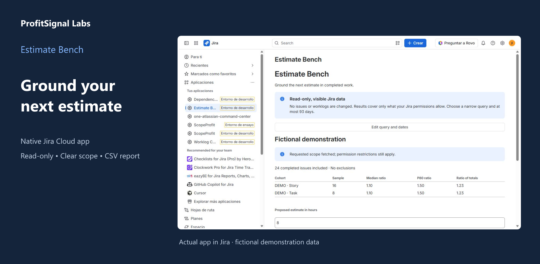 Estimate Bench native Jira interface with fictional demo data