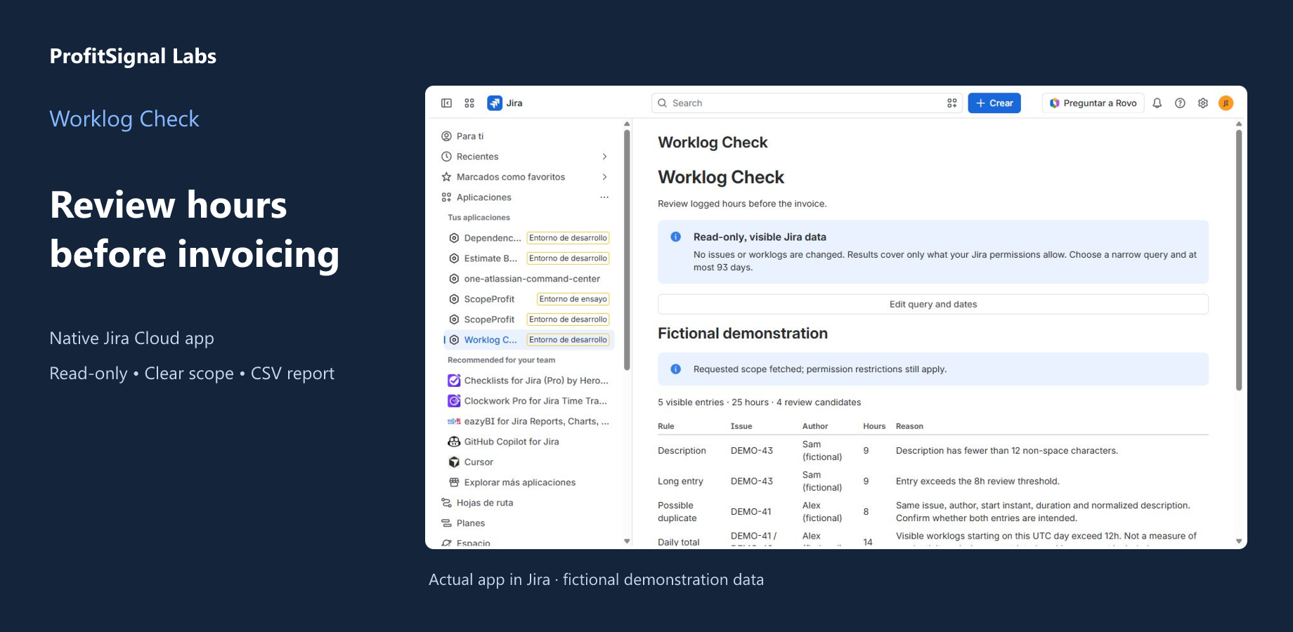 Worklog Check native Jira interface with fictional demo data